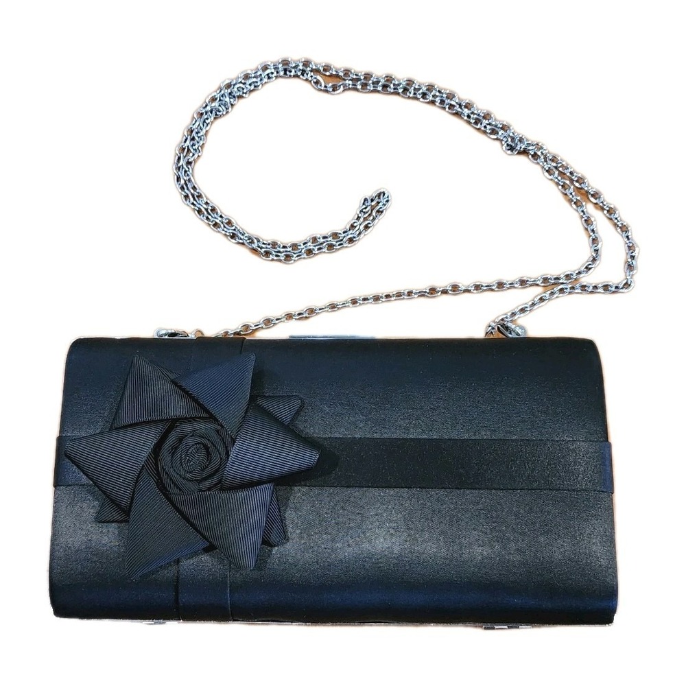 Charming Charlie‎ RSVP Black Satin Clutch Purse Handbag Crossbody Flower Chain